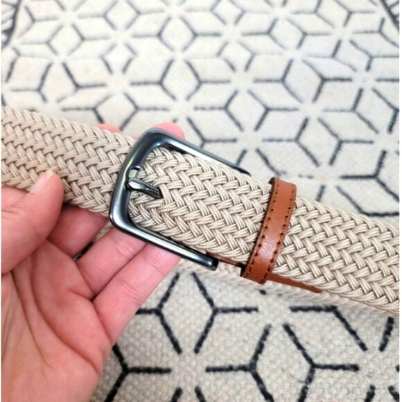 BRAIDED KHAKI TAN MENS BELT W TAN & SILVER BUCKLE DETAILS, SZ - Picture 3 of 8